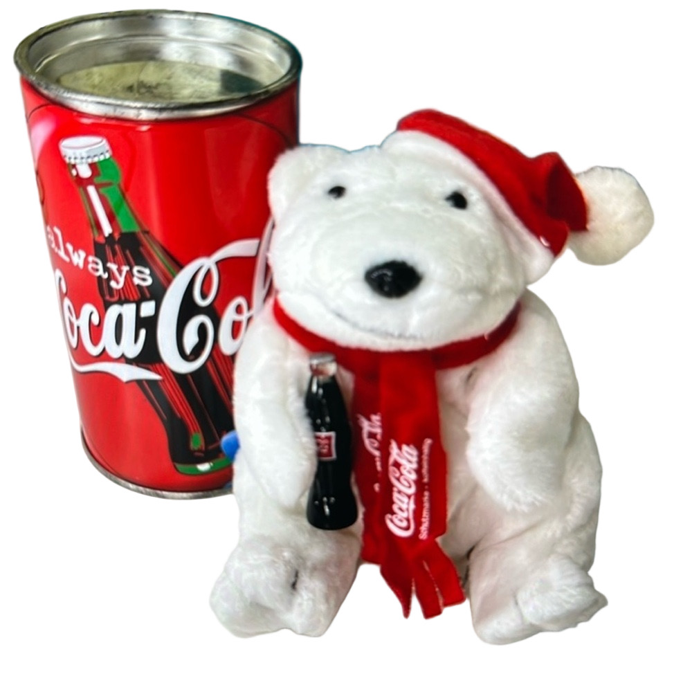 COCA COLA White and Red Stuffed Polar Bear with Can Rare Germany Tags 1999.